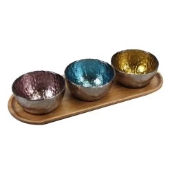 G.E.T. WB-012-SET Three Colored Glass Bowls With Wood Tray